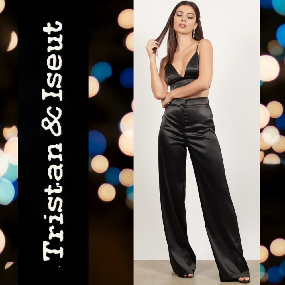 Tristan & Iseut Black Satin Wide Leg Trousers